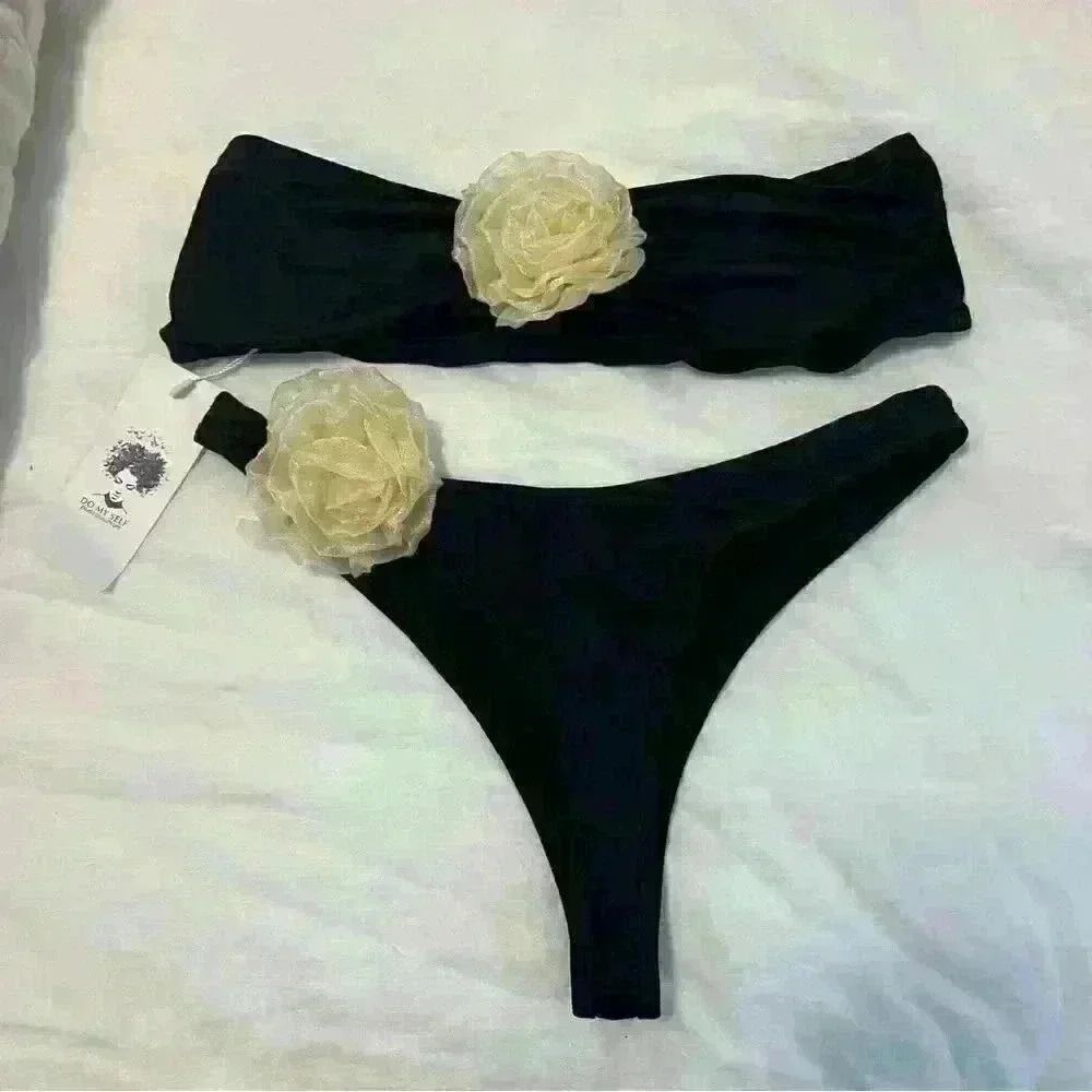 Rosette Black Strapless Bikini
